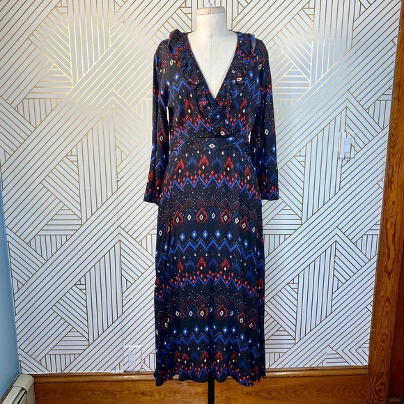 & Other‎ Stories Dress Faux Wrap Midi Maxi Geometric Print Black Blue Red Size 4 - Picture 1 of 12